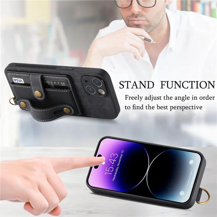 D9 For iPhone 14 Case Wristband PU Leather Vintage Texture Shockproof Cover