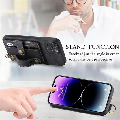 D9 For iPhone 14 Case Wristband PU Leather Vintage Texture Shockproof Cover