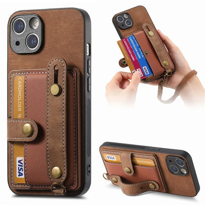 D9 For iPhone 14 Case Wristband PU Leather Vintage Texture Shockproof Cover