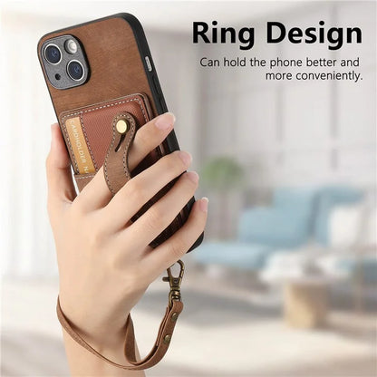 D9 For iPhone 14 Case Wristband PU Leather Vintage Texture Shockproof Cover