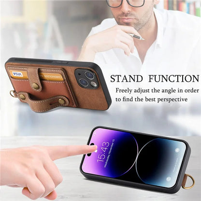 D9 For iPhone 14 Case Wristband PU Leather Vintage Texture Shockproof Cover