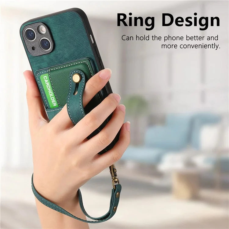 D9 For iPhone 14 Case Wristband PU Leather Vintage Texture Shockproof Cover