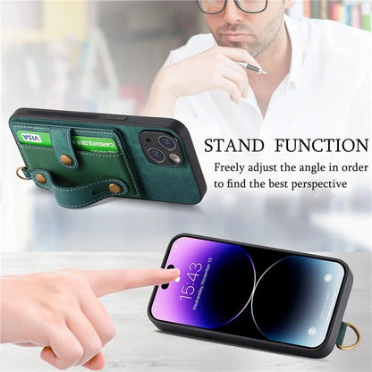 D9 For iPhone 14 Case Wristband PU Leather Vintage Texture Shockproof Cover