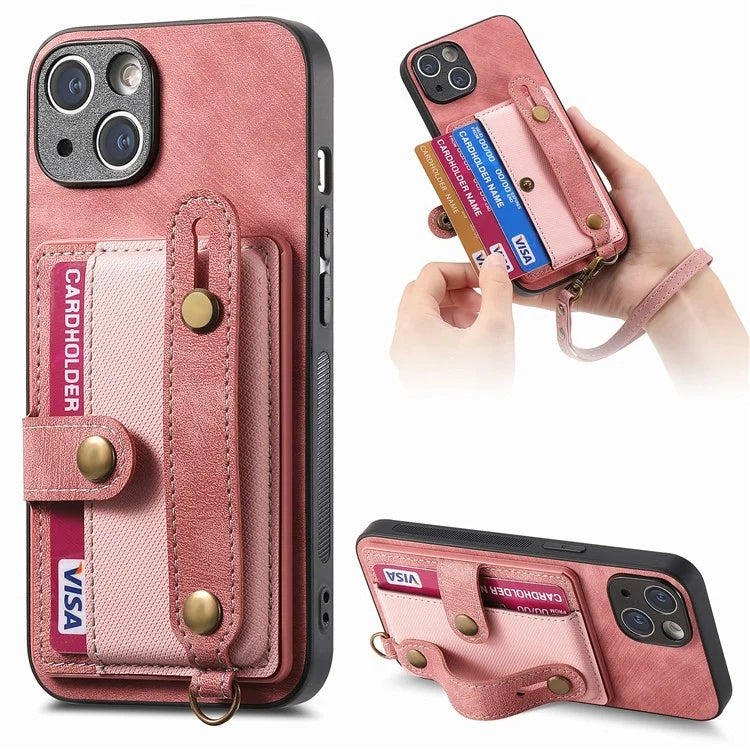 D9 For iPhone 14 Case Wristband PU Leather Vintage Texture Shockproof Cover