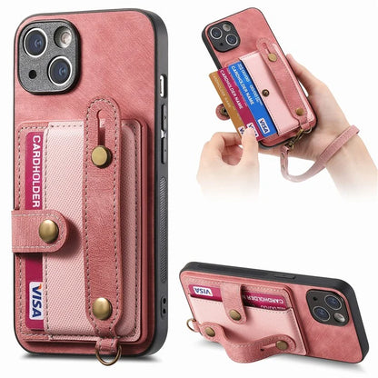 D9 For iPhone 14 Case Wristband PU Leather Vintage Texture Shockproof Cover