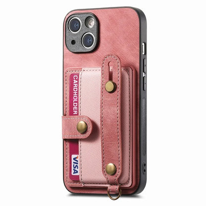 D9 For iPhone 14 Case Wristband PU Leather Vintage Texture Shockproof Cover