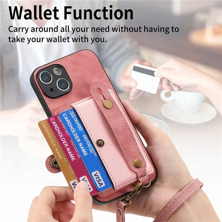 D9 For iPhone 14 Case Wristband PU Leather Vintage Texture Shockproof Cover