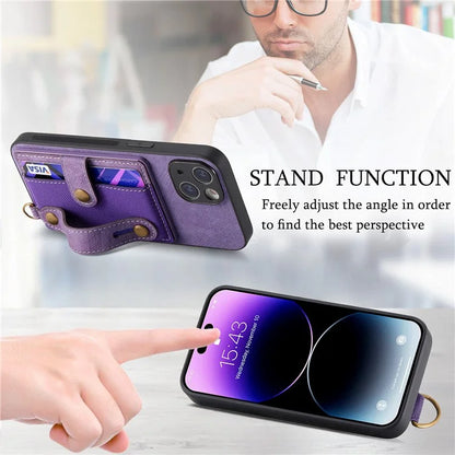 D9 For iPhone 14 Case Wristband PU Leather Vintage Texture Shockproof Cover