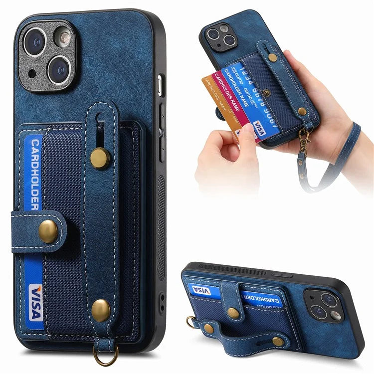 D9 For iPhone 14 Case Wristband PU Leather Vintage Texture Shockproof Cover