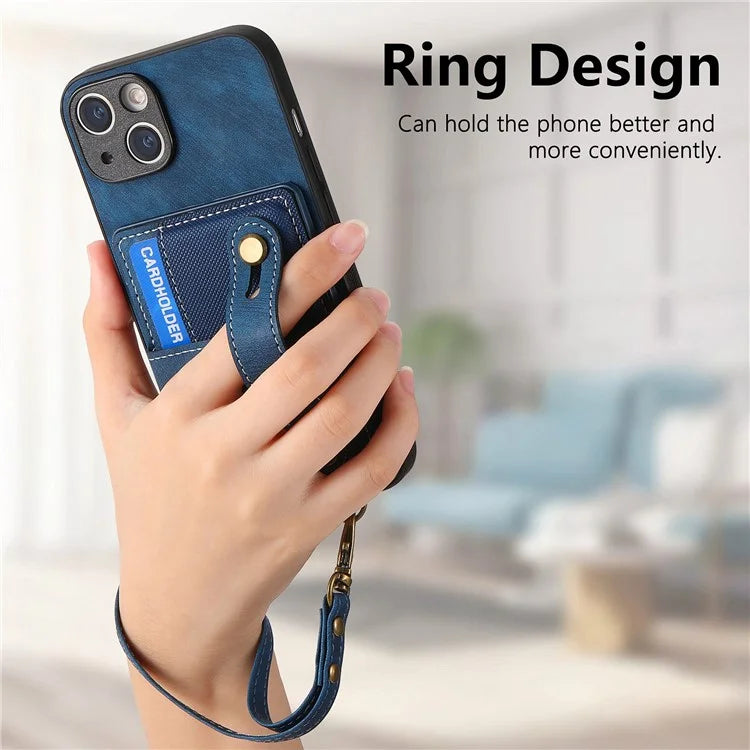 D9 For iPhone 14 Case Wristband PU Leather Vintage Texture Shockproof Cover