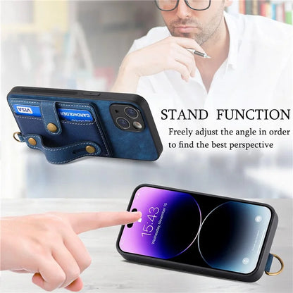 D9 For iPhone 14 Case Wristband PU Leather Vintage Texture Shockproof Cover