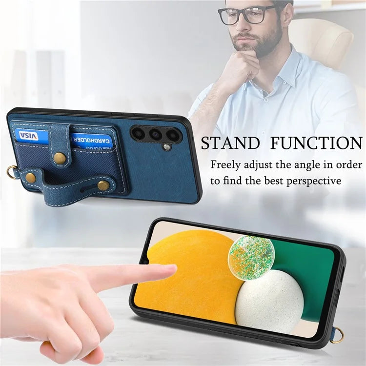 D9 For Samsung Galaxy A13 5G / A04s 4G (164.7 x 76.7 x 9.1 mm) Case Wristband Vintage Texture Phone Cover