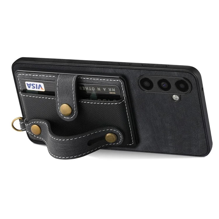 D9 For Samsung Galaxy A15 4G / 5G Case Wristband Kickstand Card Holder Leather Coated Phone Cover