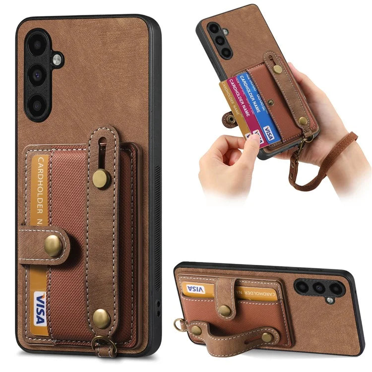 D9 For Samsung Galaxy A15 4G / 5G Case Wristband Kickstand Card Holder Leather Coated Phone Cover