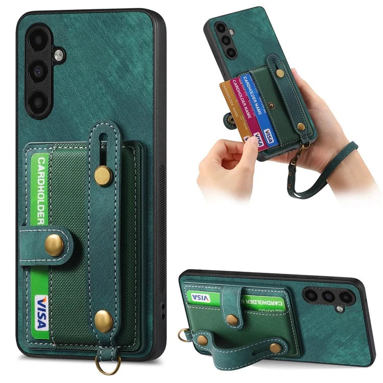 D9 For Samsung Galaxy A15 4G / 5G Case Wristband Kickstand Card Holder Leather Coated Phone Cover