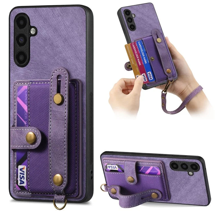 D9 For Samsung Galaxy A15 4G / 5G Case Wristband Kickstand Card Holder Leather Coated Phone Cover