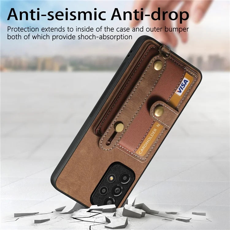 D9 For Samsung Galaxy A13 4G Case Card Holder Design PU Leather Back Cover with Wristband Kickstand