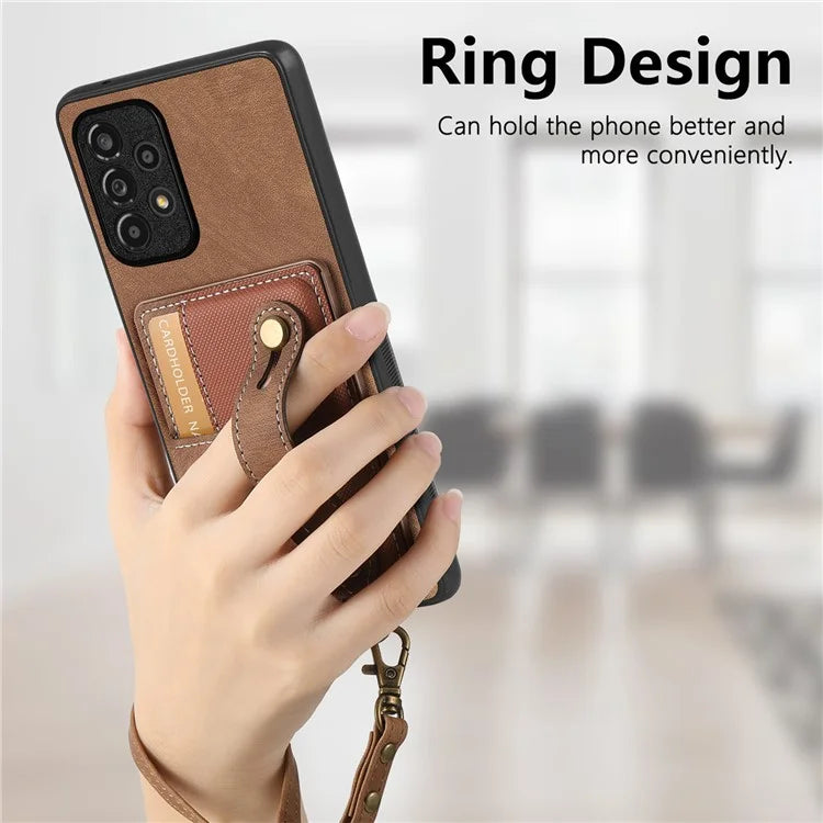 D9 For Samsung Galaxy A13 4G Case Card Holder Design PU Leather Back Cover with Wristband Kickstand
