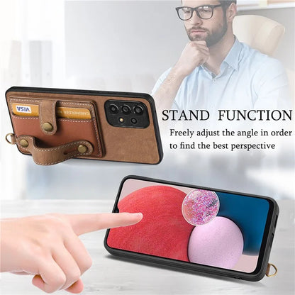 D9 For Samsung Galaxy A13 4G Case Card Holder Design PU Leather Back Cover with Wristband Kickstand