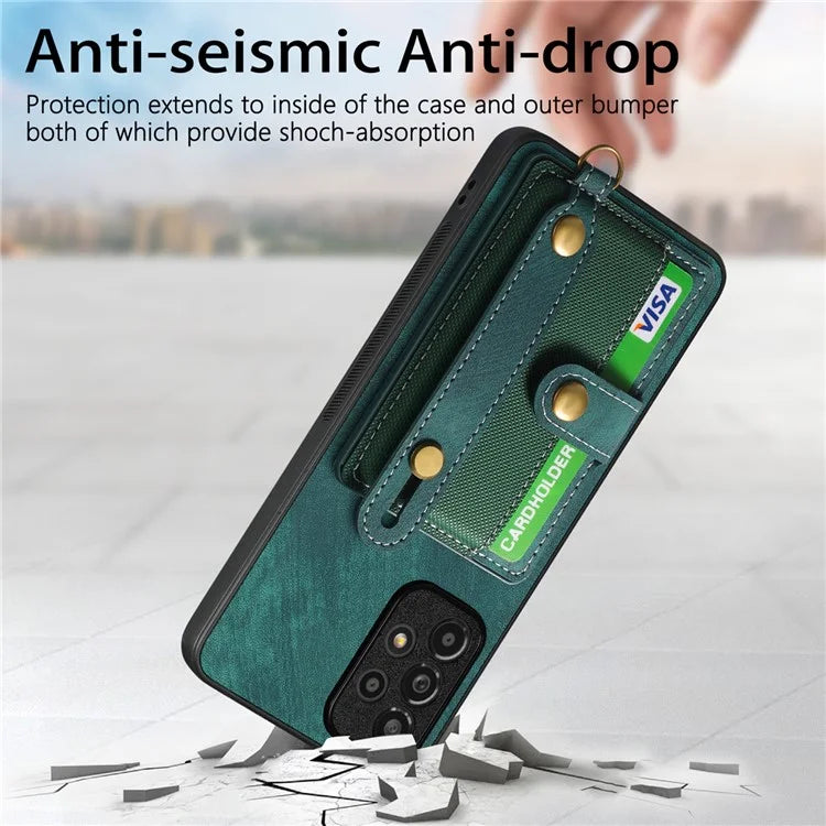 D9 For Samsung Galaxy A13 4G Case Card Holder Design PU Leather Back Cover with Wristband Kickstand