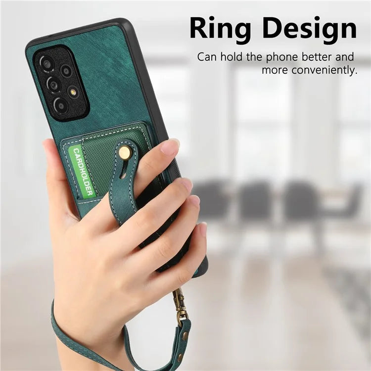 D9 For Samsung Galaxy A13 4G Case Card Holder Design PU Leather Back Cover with Wristband Kickstand