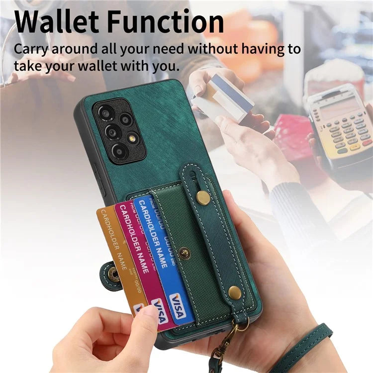 D9 For Samsung Galaxy A13 4G Case Card Holder Design PU Leather Back Cover with Wristband Kickstand