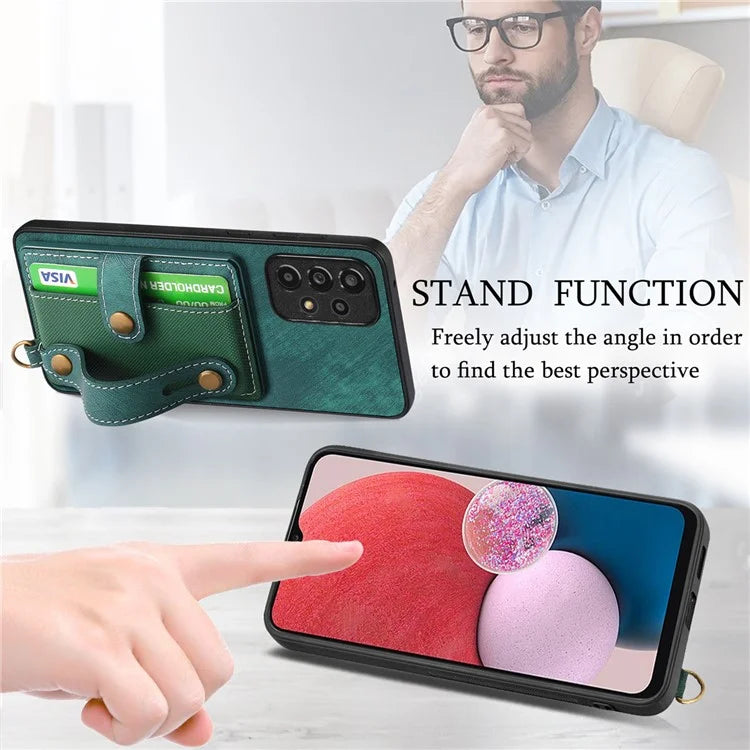 D9 For Samsung Galaxy A13 4G Case Card Holder Design PU Leather Back Cover with Wristband Kickstand