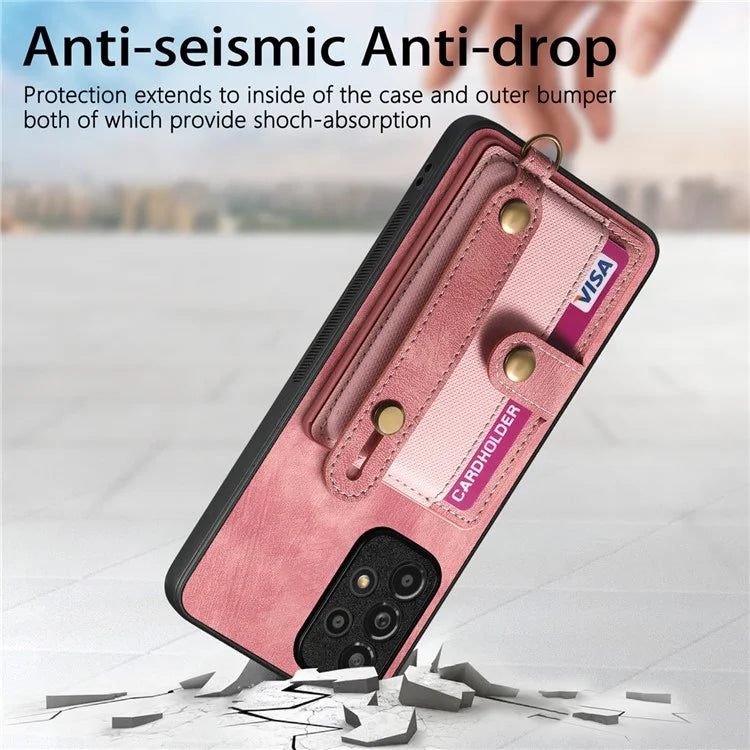 D9 For Samsung Galaxy A13 4G Case Card Holder Design PU Leather Back Cover with Wristband Kickstand