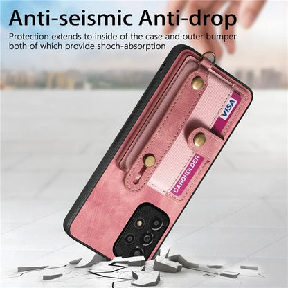 D9 For Samsung Galaxy A13 4G Case Card Holder Design PU Leather Back Cover with Wristband Kickstand