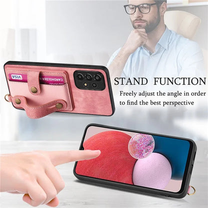 D9 For Samsung Galaxy A13 4G Case Card Holder Design PU Leather Back Cover with Wristband Kickstand
