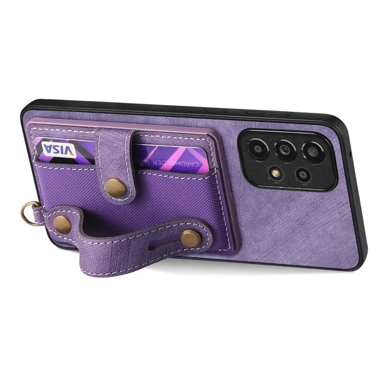 D9 For Samsung Galaxy A13 4G Case Card Holder Design PU Leather Back Cover with Wristband Kickstand