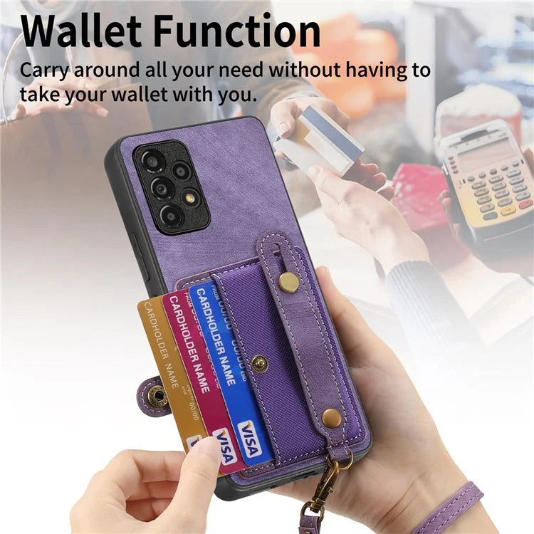 D9 For Samsung Galaxy A13 4G Case Card Holder Design PU Leather Back Cover with Wristband Kickstand