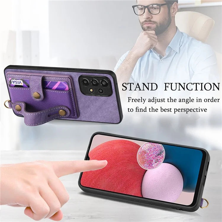 D9 For Samsung Galaxy A13 4G Case Card Holder Design PU Leather Back Cover with Wristband Kickstand
