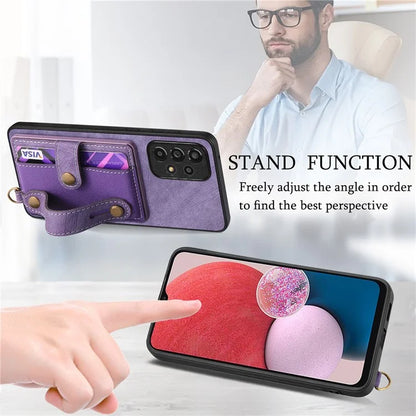 D9 For Samsung Galaxy A13 4G Case Card Holder Design PU Leather Back Cover with Wristband Kickstand