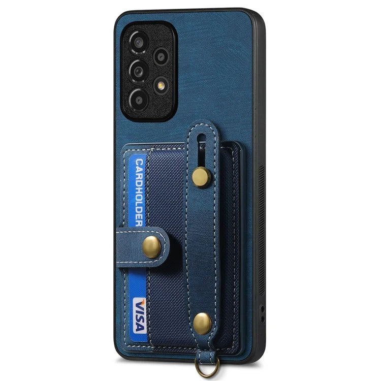 D9 For Samsung Galaxy A13 4G Case Card Holder Design PU Leather Back Cover with Wristband Kickstand