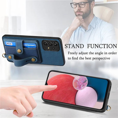D9 For Samsung Galaxy A13 4G Case Card Holder Design PU Leather Back Cover with Wristband Kickstand