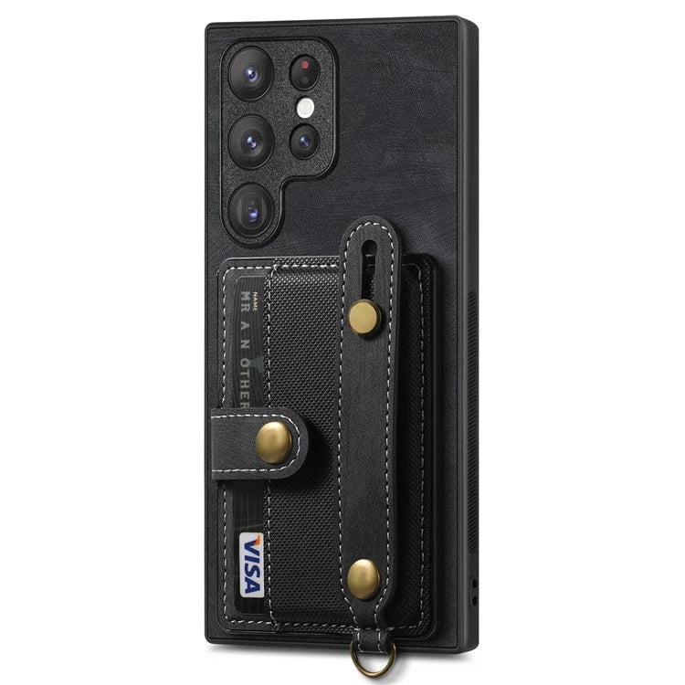 D9 For Samsung Galaxy S23 Ultra Case Card Holder Retro Leather Coated PC+TPU Wristband Phone Cover