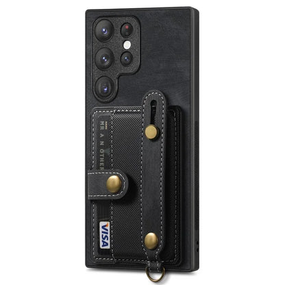 D9 For Samsung Galaxy S23 Ultra Case Card Holder Retro Leather Coated PC+TPU Wristband Phone Cover