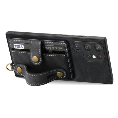 D9 For Samsung Galaxy S23 Ultra Case Card Holder Retro Leather Coated PC+TPU Wristband Phone Cover