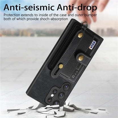 D9 For Samsung Galaxy S23 Ultra Case Card Holder Retro Leather Coated PC+TPU Wristband Phone Cover