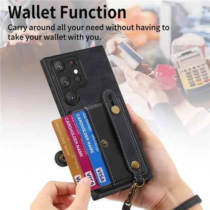 D9 For Samsung Galaxy S23 Ultra Case Card Holder Retro Leather Coated PC+TPU Wristband Phone Cover