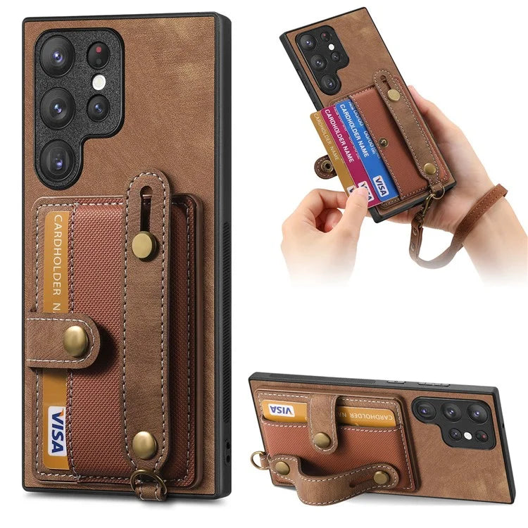 D9 For Samsung Galaxy S23 Ultra Case Card Holder Retro Leather Coated PC+TPU Wristband Phone Cover