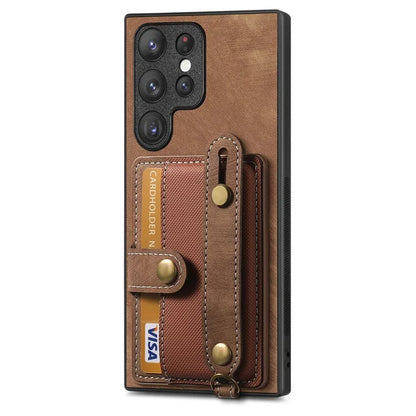 D9 For Samsung Galaxy S23 Ultra Case Card Holder Retro Leather Coated PC+TPU Wristband Phone Cover