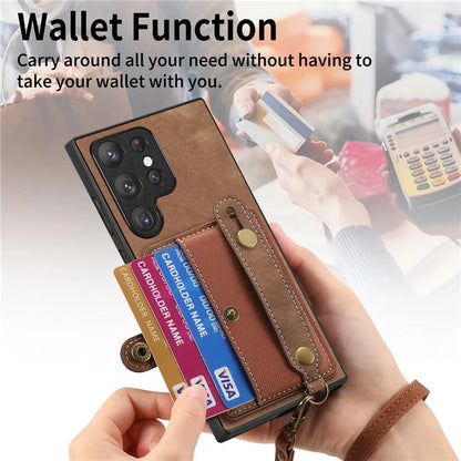 D9 For Samsung Galaxy S23 Ultra Case Card Holder Retro Leather Coated PC+TPU Wristband Phone Cover