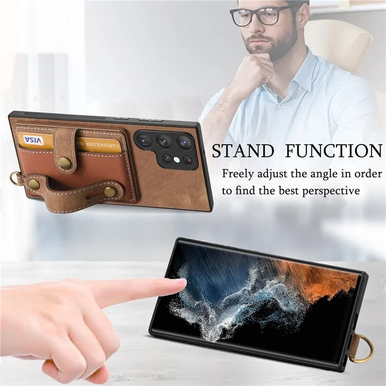 D9 For Samsung Galaxy S23 Ultra Case Card Holder Retro Leather Coated PC+TPU Wristband Phone Cover