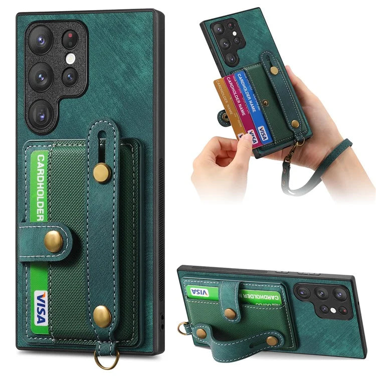 D9 For Samsung Galaxy S23 Ultra Case Card Holder Retro Leather Coated PC+TPU Wristband Phone Cover
