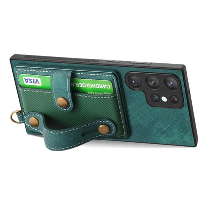 D9 For Samsung Galaxy S23 Ultra Case Card Holder Retro Leather Coated PC+TPU Wristband Phone Cover