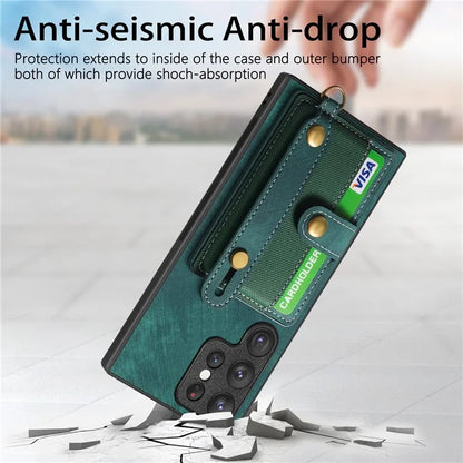 D9 For Samsung Galaxy S23 Ultra Case Card Holder Retro Leather Coated PC+TPU Wristband Phone Cover