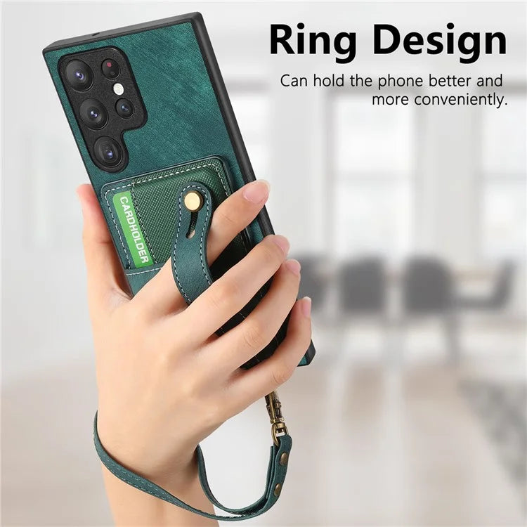 D9 For Samsung Galaxy S23 Ultra Case Card Holder Retro Leather Coated PC+TPU Wristband Phone Cover