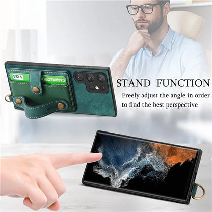 D9 For Samsung Galaxy S23 Ultra Case Card Holder Retro Leather Coated PC+TPU Wristband Phone Cover